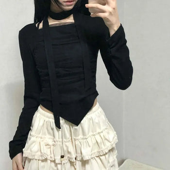 Slim Fit Round Neck Long Sleeve Tee with Frill Pintuck Detail