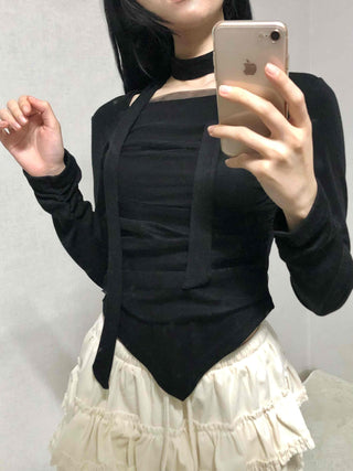 Slim Fit Round Neck Long Sleeve Tee with Frill Pintuck Detail