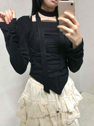 Slim Fit Round Neck Long Sleeve Tee with Frill Pintuck Detail