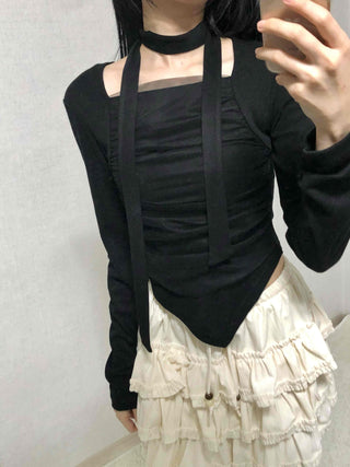 Slim Fit Round Neck Long Sleeve Tee with Frill Pintuck Detail