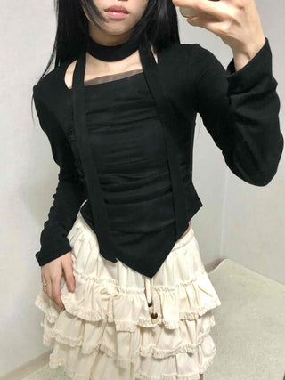 Slim Fit Round Neck Long Sleeve Tee with Frill Pintuck Detail