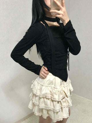 Slim Fit Round Neck Long Sleeve Tee with Frill Pintuck Detail