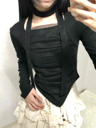 Slim Fit Round Neck Long Sleeve Tee with Frill Pintuck Detail