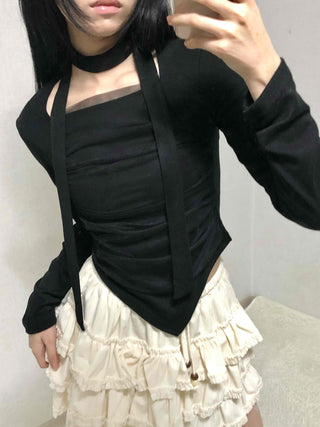 Slim Fit Round Neck Long Sleeve Tee with Frill Pintuck Detail