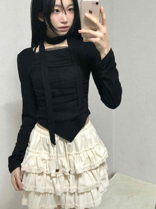 Slim Fit Round Neck Long Sleeve Tee with Frill Pintuck Detail