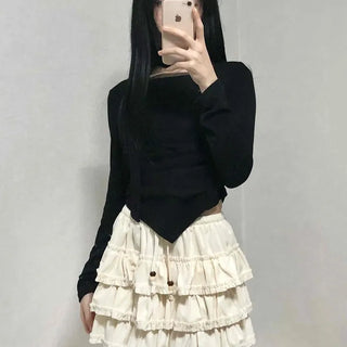Slim Fit Round Neck Long Sleeve Tee with Frill Pintuck Detail