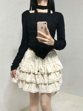 Slim Fit Round Neck Long Sleeve Tee with Frill Pintuck Detail