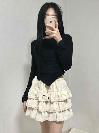 Slim Fit Round Neck Long Sleeve Tee with Frill Pintuck Detail