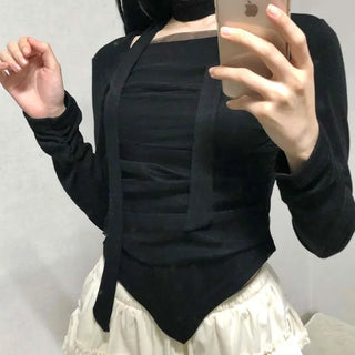 Slim Fit Round Neck Long Sleeve Tee with Frill Pintuck Detail
