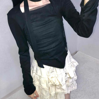Slim Fit Round Neck Long Sleeve Tee with Frill Pintuck Detail
