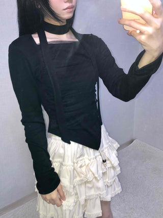 Slim Fit Round Neck Long Sleeve Tee with Frill Pintuck Detail