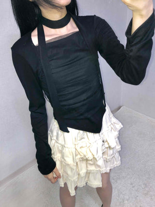 Slim Fit Round Neck Long Sleeve Tee with Frill Pintuck Detail