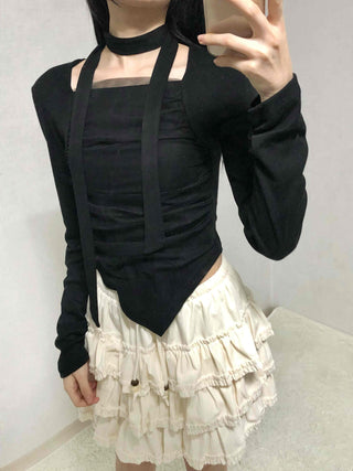 Slim Fit Round Neck Long Sleeve Tee with Frill Pintuck Detail
