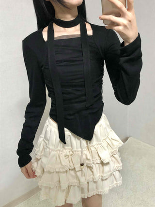 Slim Fit Round Neck Long Sleeve Tee with Frill Pintuck Detail