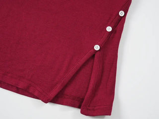 Leon Asymmetrical Boat Neck Slit Button Long Sleeve T-shirt