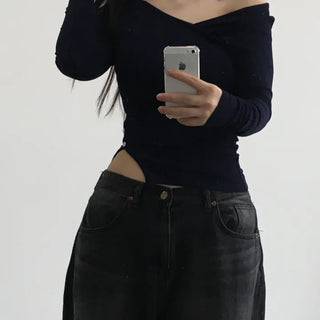 Leon Asymmetrical Boat Neck Slit Button Long Sleeve T-shirt