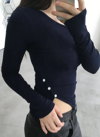 Leon Asymmetrical Boat Neck Slit Button Long Sleeve T-shirt