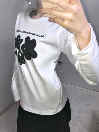 Flower Graphic Lettering Round Long Sleeve T-shirt