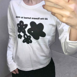 Flower Graphic Lettering Round Long Sleeve T-shirt