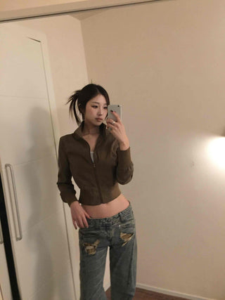 Minimalist color scheme slim fit cropped knit zip-up