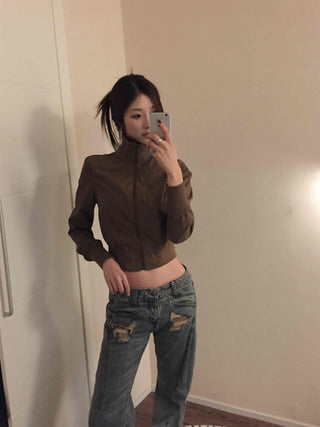 Minimalist color scheme slim fit cropped knit zip-up