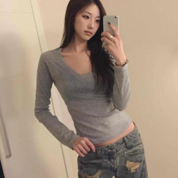 Slim Y-Neck Ribbed Crop Long Sleeve T-Shirt