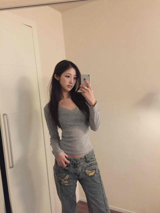 Slim Y-Neck Ribbed Crop Long Sleeve T-Shirt