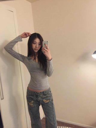 Slim Y-Neck Ribbed Crop Long Sleeve T-Shirt