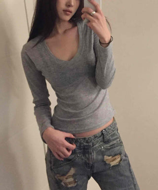 Slim Y-Neck Ribbed Crop Long Sleeve T-Shirt