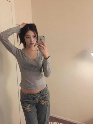 Slim Y-Neck Ribbed Crop Long Sleeve T-Shirt