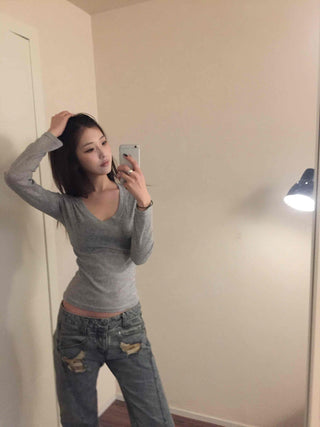 Slim Y-Neck Ribbed Crop Long Sleeve T-Shirt