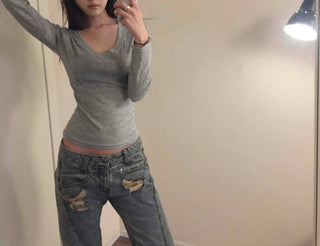 Slim Y-Neck Ribbed Crop Long Sleeve T-Shirt