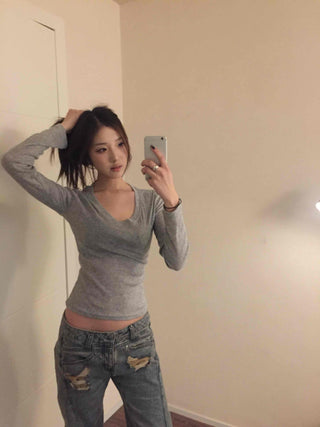 Slim Y-Neck Ribbed Crop Long Sleeve T-Shirt