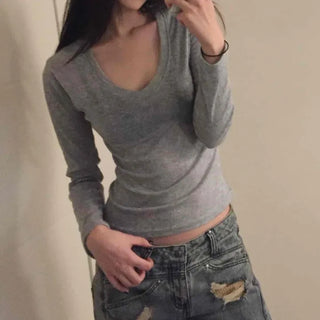 Slim Y-Neck Ribbed Crop Long Sleeve T-Shirt