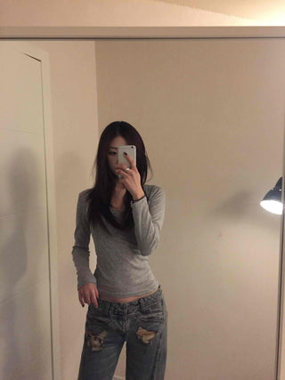 Slim Y-Neck Ribbed Crop Long Sleeve T-Shirt
