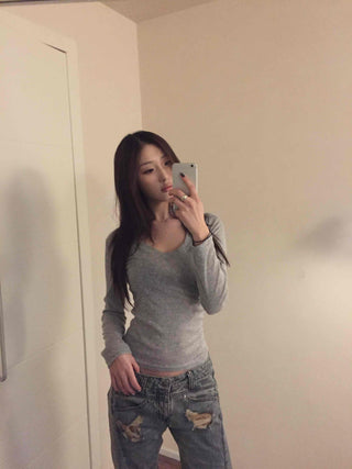 Slim Y-Neck Ribbed Crop Long Sleeve T-Shirt