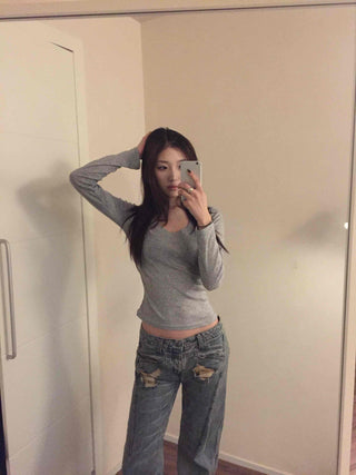 Slim Y-Neck Ribbed Crop Long Sleeve T-Shirt