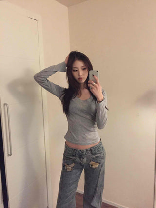Slim Y-Neck Ribbed Crop Long Sleeve T-Shirt