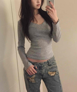 Slim Y-Neck Ribbed Crop Long Sleeve T-Shirt