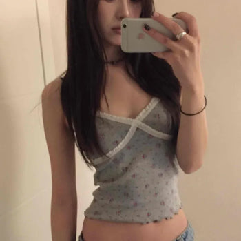 Flower Beads Crop Bustier Sleeveless Tank Top