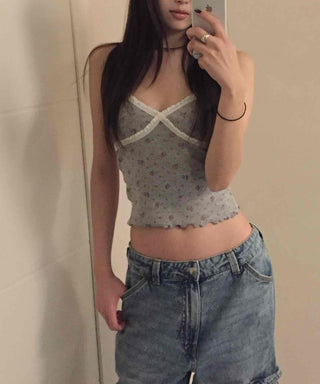 Flower Beads Crop Bustier Sleeveless Tank Top