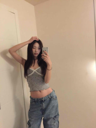Flower Beads Crop Bustier Sleeveless Tank Top