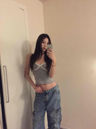 Flower Beads Crop Bustier Sleeveless Tank Top