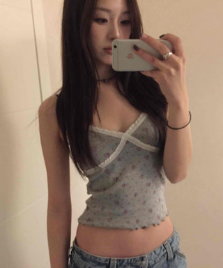 Flower Beads Crop Bustier Sleeveless Tank Top