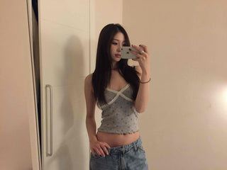 Flower Beads Crop Bustier Sleeveless Tank Top