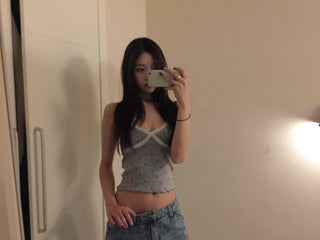 Flower Beads Crop Bustier Sleeveless Tank Top