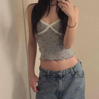 Flower Beads Crop Bustier Sleeveless Tank Top