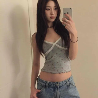 Flower Beads Crop Bustier Sleeveless Tank Top