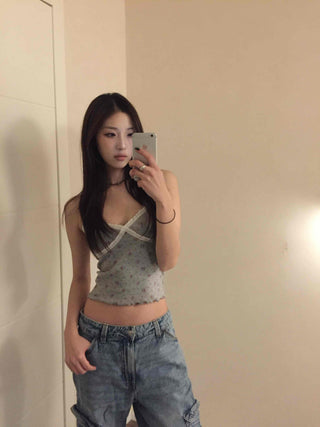 Flower Beads Crop Bustier Sleeveless Tank Top