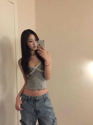 Flower Beads Crop Bustier Sleeveless Tank Top